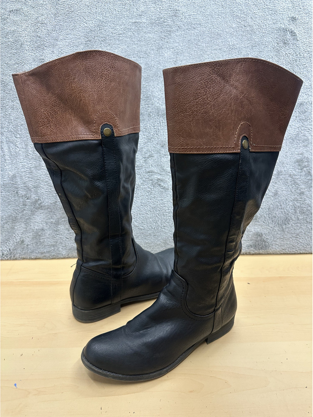 Faded Glory Two Tone Riding Boots Black Brown Synthetic Knee High Boots
